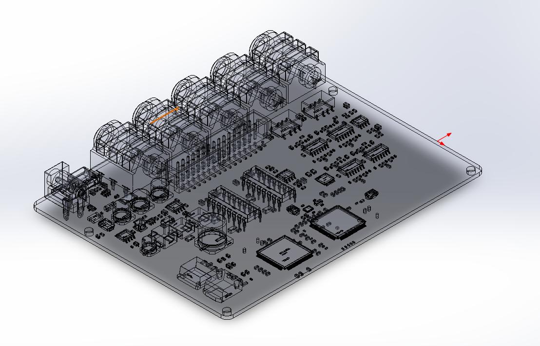 SolidWorks circuit board render with components and board outline.